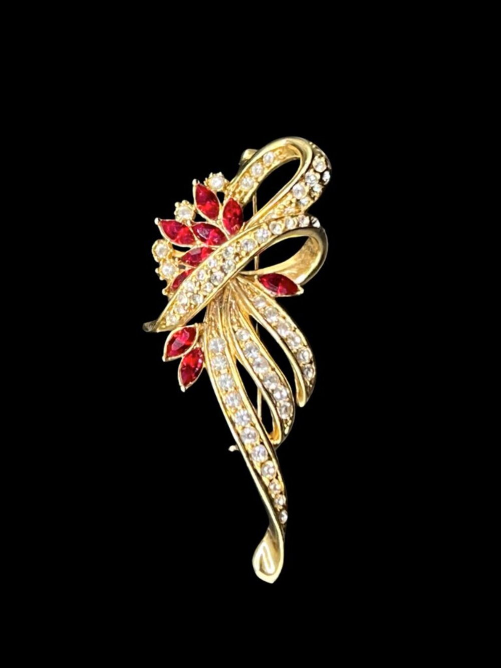 Vintage Faux Red Ruby and Rhinestone Gold Brooch